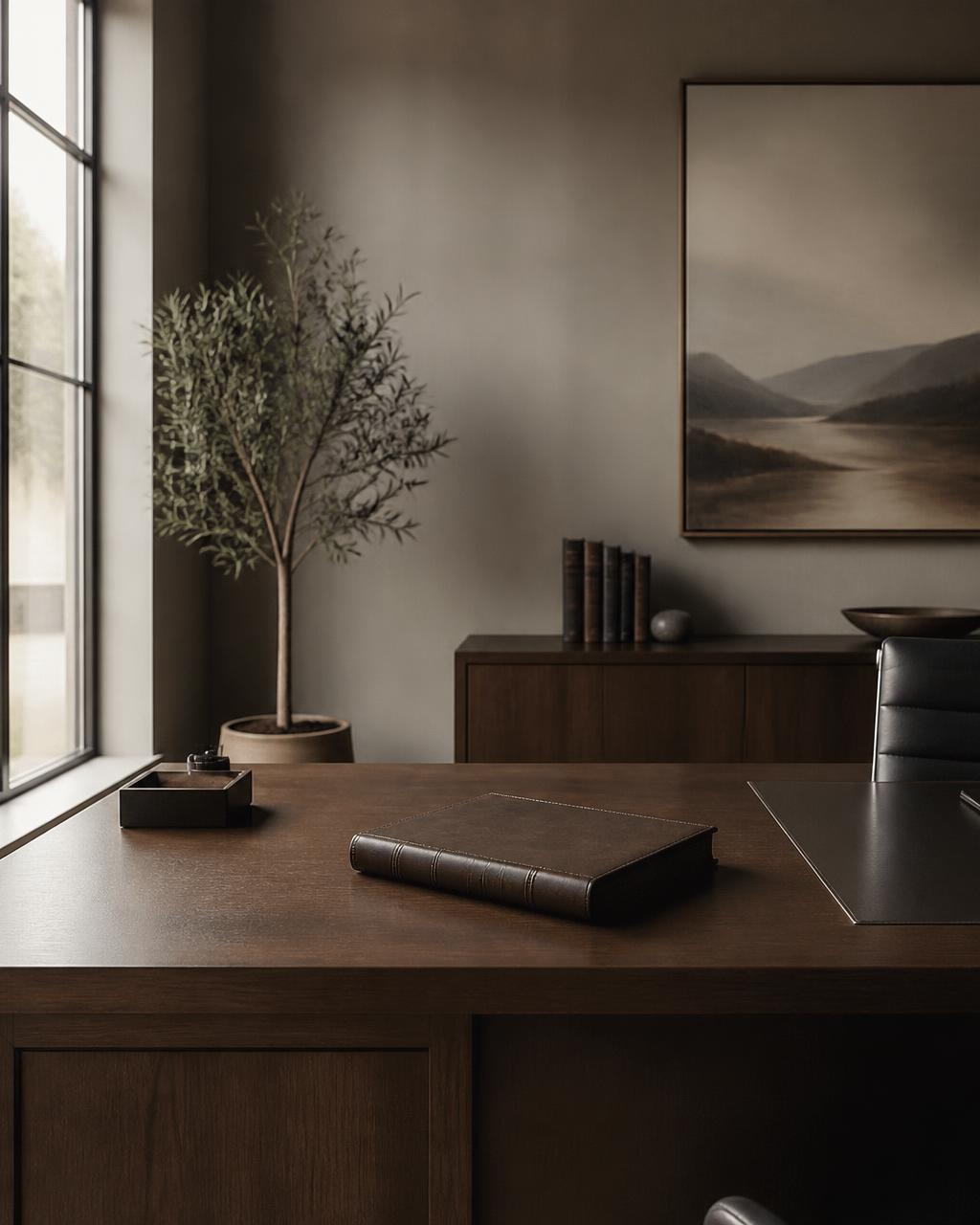 A quiet office desk with a closed leather ledger in soft natural light